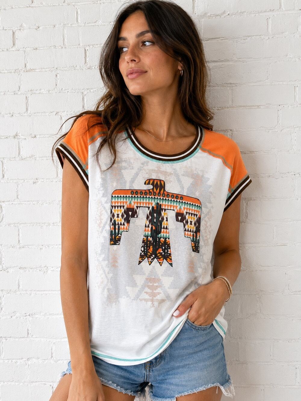 Delila Texas Western Thunderbird Graphic Tee Top Small NWT Aztec Cactus Boho